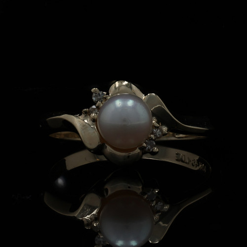 Yellow Gold Cultured Pearl Diamond Bypass Ring - 10k Bead